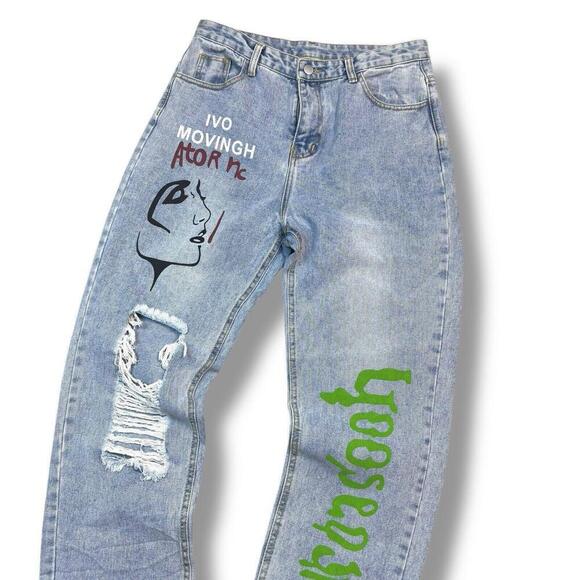 Painted Distressed Light Wash Denim Jeans Unique Art Graphic Ripped High Waist - Picture 6 of 7